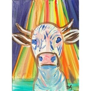 Rainbow Cow Art Inspired Modern Acrylic Painting on Canvas Art 14x11